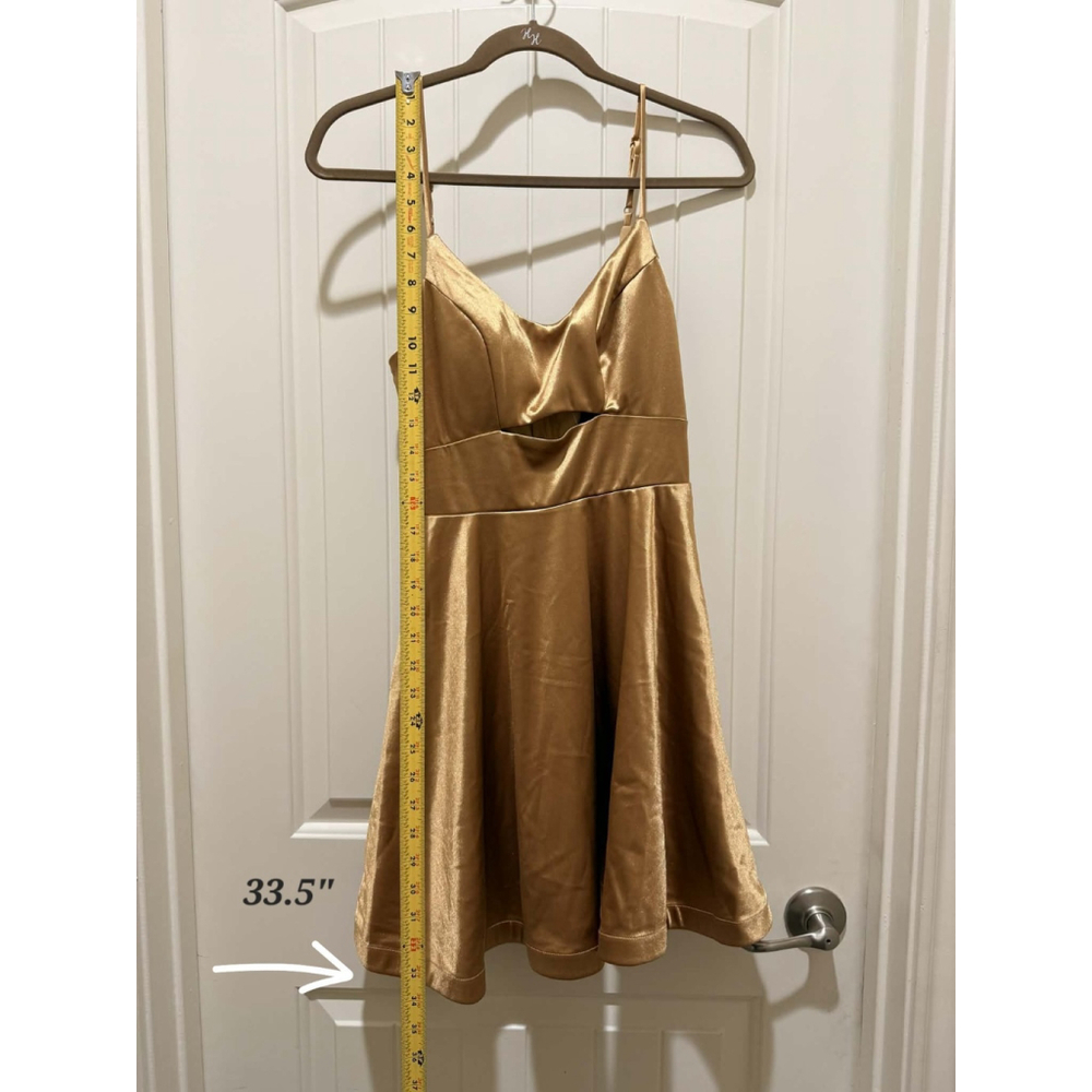 City Studio JUNIORS Satin Like Dark Gold Mini Flare Cocktail Dress SZ 9 / 10 - Picture 14 of 16
